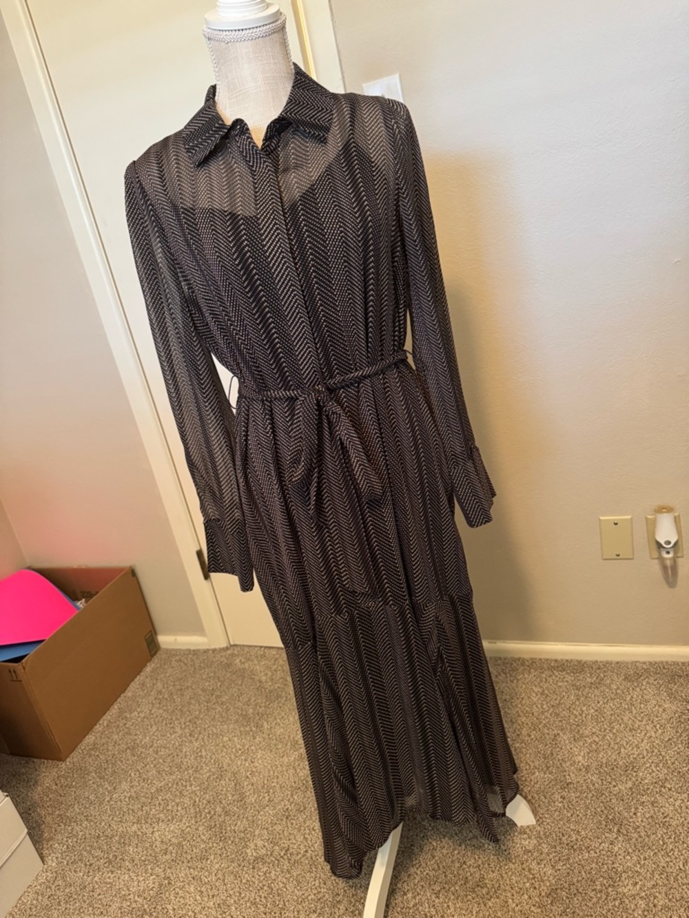 Calvin Klein Black and Tan Chevron Dot Maxi Shirt Dress
